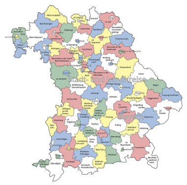 Bavyera 'nın kentsel ve idari bölgesini görselleştirme. Ortada harf var. Renkli.