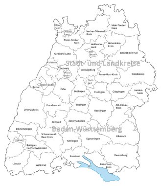 Baden-Wuerttemberg 'in kentsel ve idari bölgesini görselleştirme. Ortada harf var. Siyah ve beyaz..