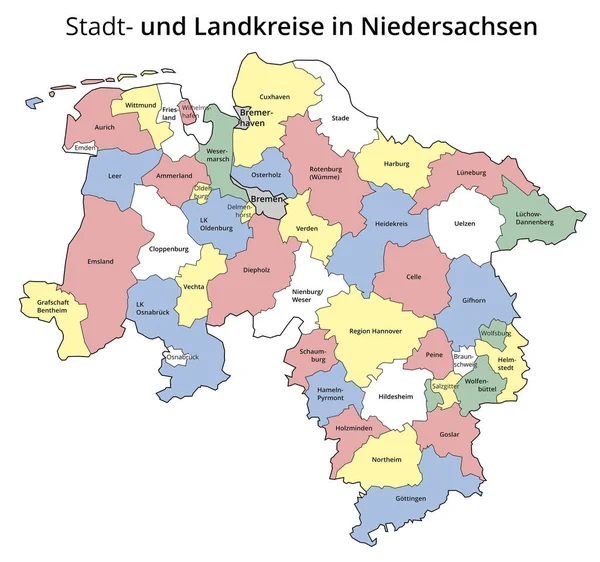 Απεικόνιση Της Αστικής Και Διοικητικής Περιφέρειας Της Κάτω Σαξονίας Χρωματισμένο — Διανυσματικό Αρχείο