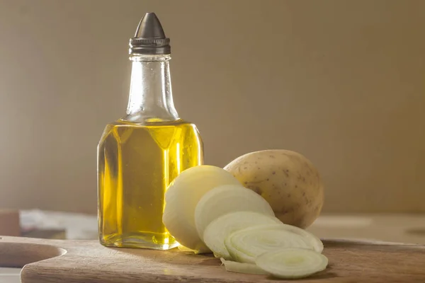 Cebola Corte Azeite Batatas Para Fundo — Fotografia de Stock