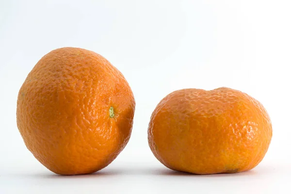 View Two Tangerines Different Position Placed White Background — Stok fotoğraf