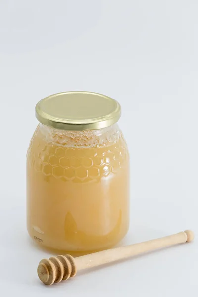 View Jar Honey Next Wooden Honey Spoon All White Background — Zdjęcie stockowe