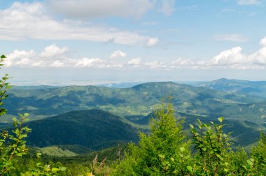 Yaz manzarası. Gökyüzünde yüzen bulutların gölgesiyle kaplı dağlar..