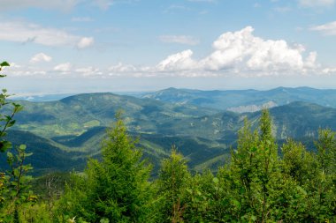 Yaz manzarası. Gökyüzünde yüzen bulutların gölgesiyle kaplı dağlar..