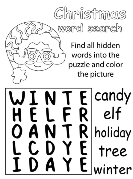 Kerst Woord Zoeken Puzzel Met Schattige Kleine Elf Vector Illustratie — Stockvector