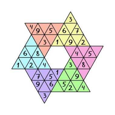 Çocuklar için sayı bulmacası - yıldız sudoku çizimi. Çocuklar için renkli mantıksal oyun yazdırılabilir etkinlik sayfası