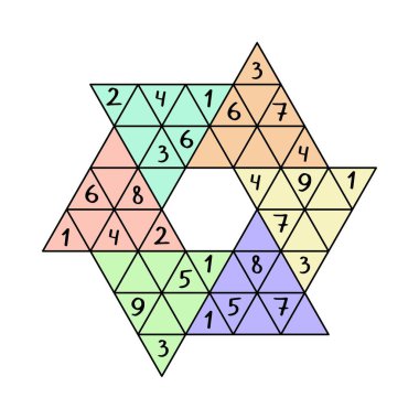 Acemi vektör illüstrasyonu için yıldız sudoku oyunu. Çocuklar için sayı bulmacası yazdırılabilir etkinlik sayfası vektörü. 1-9 numaralı bulmacayı büyük renkli üçgenlere, yatay ve köşegen çizgilere yerleştirin