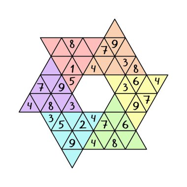 Eğitici sayı bulmacası - çocuklar için renkli yıldız sudokusu çizimi. Her büyük üçgen, yatay ve köşegen için 1-9 sayısıyla tamamla 