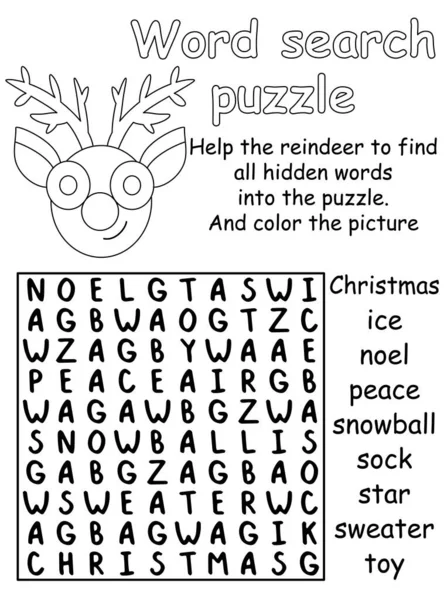 Woordzoeker puzzel en kleuring - activiteitenpagina voor kinderen vector illustratie. Kerst tijd woord spel printbare werkblad in het Engels — Stockvector