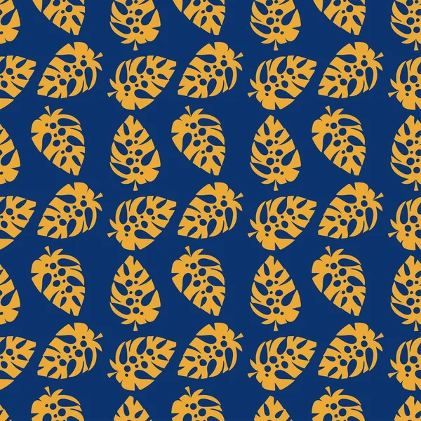 Simples folhas monstera laranja vibrante no vetor padrão sem costura azul. Textura infinita da selva minimalista com formas de folhas — Vetor de Stock