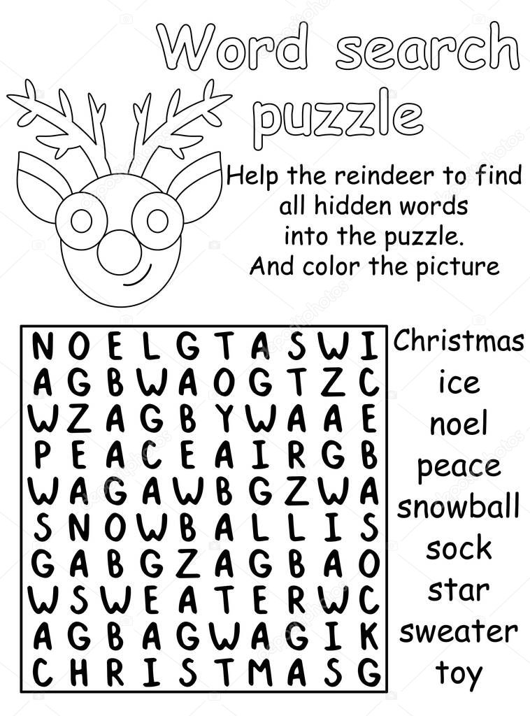 Word search puzzle and coloring - activity page for children vector illustration. Christmas time word game printable worksheet in English