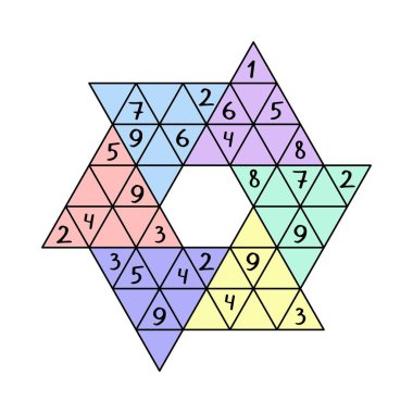 Sudoku yıldızı - renkli sayı vektör çizimi. Yeni başlayanlar ve beyaz izole çocuklar için komik bir eğitim sayısı bulmacası. 1-9 sayılı sudoku - yazdırılabilir etkinlik sayfası
