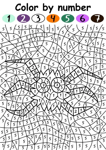 Roztomilá pavoučí barva podle čísla hry pro Halloween vektorové ilustrace. Legrační kreslený pavouk vzdělávací puzzle s čísly pro děti vertikální tisknutelný list — Stockový vektor
