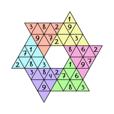 Çocuklar için renkli yıldız sudokusu. Yeni başlayanlar ve çocuklar için komik bir eğitim sayısı bulmacası. Her büyük üçgene 1-9 sayı ve her 9-hücre satırına sadece bir tane yerleştir.