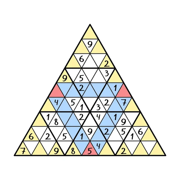 Jeu de sudoku triangle coloré pour enfants illustration vectorielle. Puzzle numérique complet - placez 1 à 9 nombres dans chaque ligne jaune et bleue et grand triangle une seule fois — Image vectorielle