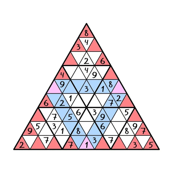 Grand jeu de sudoku triangulaire pour enfants illustration vectorielle. Placez le nombre de 1 à 9 dans chaque ligne rouge et bleue et grands triangles une seule fois — Image vectorielle