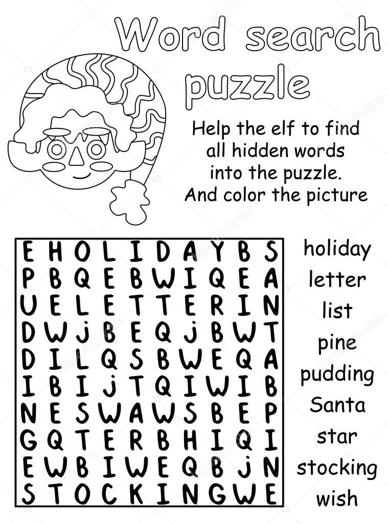 Word search puzzle with little cartoon elf black and white activity page for kids vector illustration. Funny educational word game and coloring page vertical printable worksheet for children