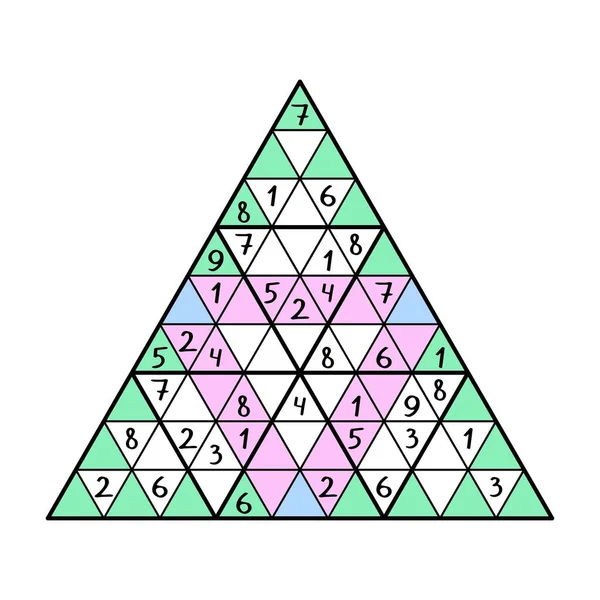 Grande illustration vectorielle de page imprimable de sudoku triangulaire. Puzzle numérique coloré pour les débutants et les enfants isolés sur fond blanc. Insolite grande place de sudoku triangulaire 1-9 nombres — Image vectorielle