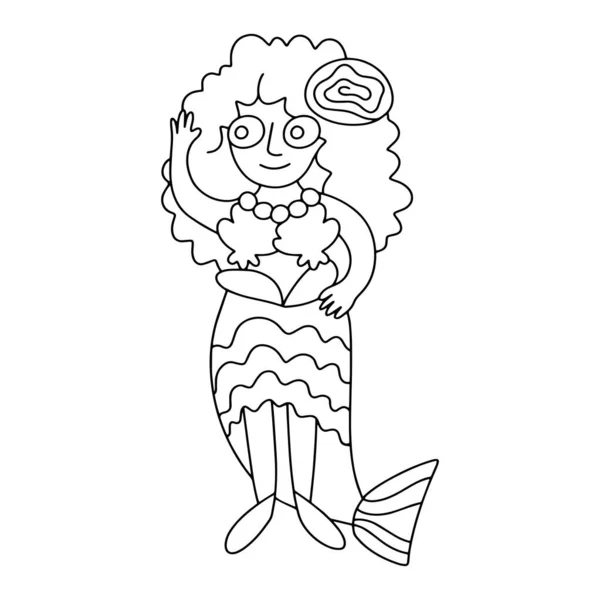 Meerjungfrau Mädchen Malvorlagen Vektor Illustration. Glücklich winkende junge Frau im Meerjungfrauenkostüm. Handgezeichnete lustige Maskerade-Comicfigur — Stockvektor