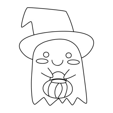 Güzel el çizimi hayalet boyama sayfası çizimi. Cadı şapkası ve balkabağı sepetli komik Cadılar Bayramı çizgi filmi karakteri. Kawaii hayalet anahat beyaz izole