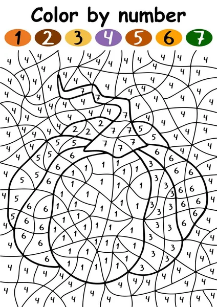 Citrouille couleur de légumes par illustration vectorielle de jeu numérique. Puzzle éducatif drôle dessiné à la main avec des couleurs et des nombres feuille de calcul imprimable verticale. Page d'activité d'automne pour les enfants — Image vectorielle