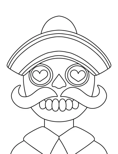 Prosty szkielet z wąsami, kapelusz i koszula kolorowanki dla dzieci i dorosłych wektor ilustracji — Wektor stockowy