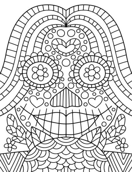 Diá de Muertos para colorear página con mujer ornamental y flores vector ilustración — Vector de stock