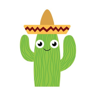 Sombrero beyaz izole hisse senedi illüstrasyonunda el yapımı komik bir kaktüs çocuk. Kawaii çizgi film karakteri sulu bitki vektörü çizimi