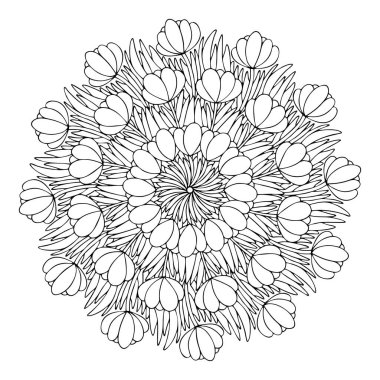 Crocus Flowers mandala stok vektör çizimi. Erken bahar çiçekleri çocuklar ve yetişkinler için mandala boyama sayfası. Zarif krukus ya da kardelen çiçeği mandala siyah ana hat beyaz izole. Bir seri.