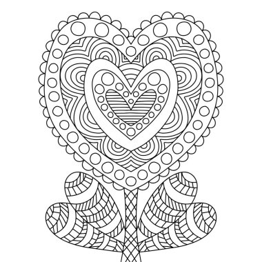 Yetişkinlerin stok vektör çizimi için kalp şeklinde çiçek boyama sayfası. Baskı, boyama ve eğlence için süslü simetri çiçekli zen sanat çizimi. Romantik çiçek siyah dış hat beyaz izole