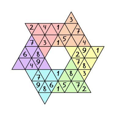 Çocuklar için yıldız sudoku oyunu renkli yazdırılabilir çalışma tablosu çizimi. Sıra dışı üçgen mantık oyunu. 1 'den 9' a kadar olan sayıları her büyük üçgenin ve her satırın hücrelerine bir kez yerleştir. 