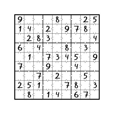 Sudoku oyunundan daha büyük. Siyah ve beyaz stok vektör illüstrasyonu. Matematik sembollerine göre 1 'den 9' a kadar olan tüm sayıları boş hücrelere yerleştirin. Çocuklar için basit olağandışı sayı oyunu