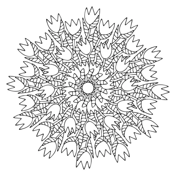 Floraison Tulipes Mandala Coloriage Page Pour Adultes Illustration Vectorielle Stock — Image vectorielle