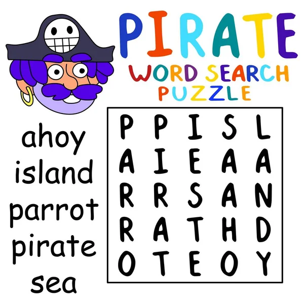 Rompecabezas Búsqueda Palabras Pirata Para Niños Preescolares Vector Ilustración — Archivo Imágenes Vectoriales