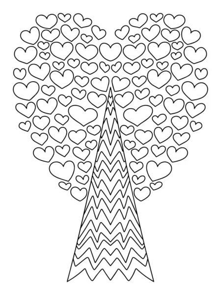 Szczęśliwych Walentynek Kwitnące Drzewo Wektor Ilustracji Fantasy Roślin Serca Kolorowanki — Wektor stockowy