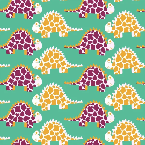 Cartoon Stegosaurus Dinosaur Childish Seamless Pattern Vector Colorful Cute Smiling — Stock Vector