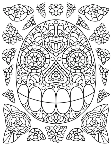 伝統的なラテンアメリカの祭りのための装飾的な頭蓋骨と花ダイア ムエルトスベクトルイラスト 面白い花手描きスタイルの頭蓋骨着色ページ大人のための抗ストレスベクトル — ストックベクタ