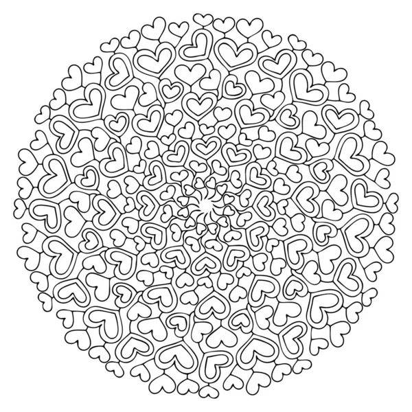 Şirin kalpler siyah beyaz el mandala stok vektör çizimi. Sevgililer Günü 'nüz kutlu olsun beyaz üzerine izole edilmiş siyah mandala ana hatları. Çocuklar ve yetişkinler için romantik boyama sayfası. Serie 'den biri