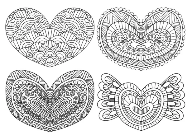 Heart Shapes Set Black Outline Stock Vector Illustration Funny Ornamental — Stock Vector