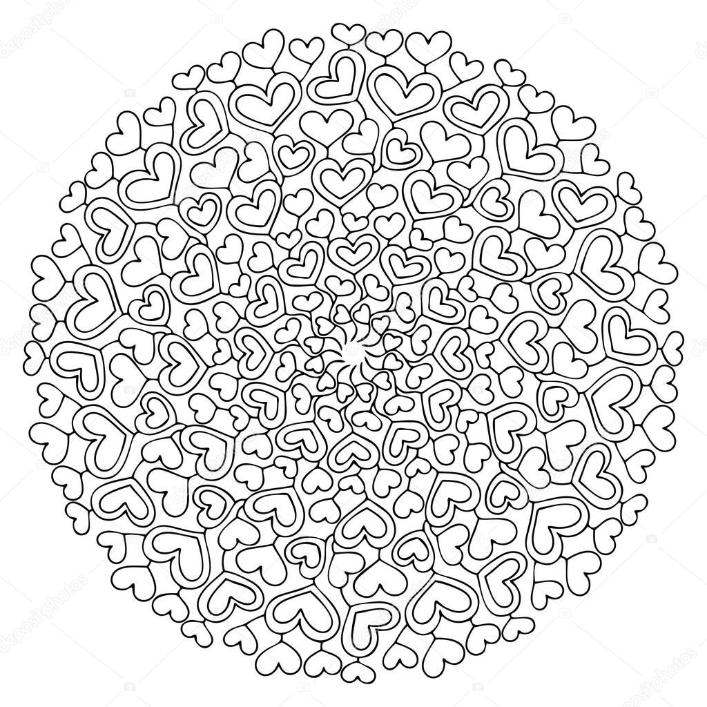 Cute hearts black and white hand drawn mandala stock vector illustration. Happy Valentine Day elegance mandala black outline isolated on white. Romantic coloring page for kids and adults. One of serie