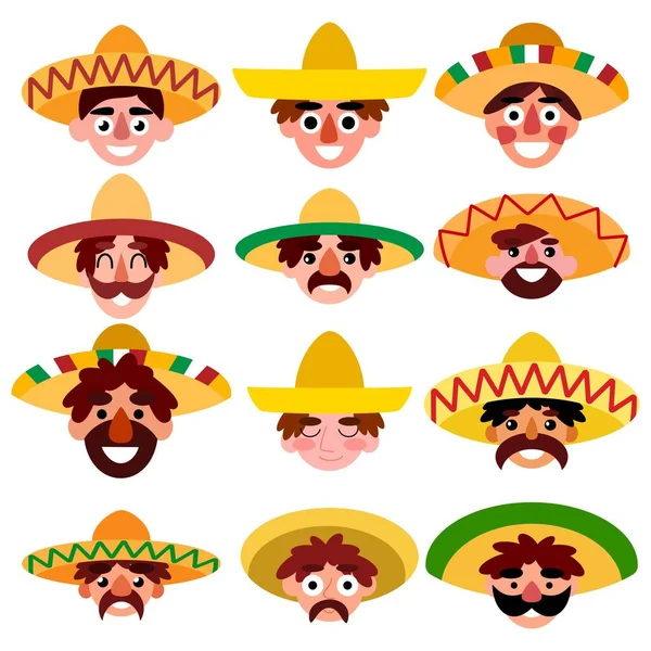 Feliz dibujos animados mexicanos conjunto blanco aislado vector ilustración — Vector de stock