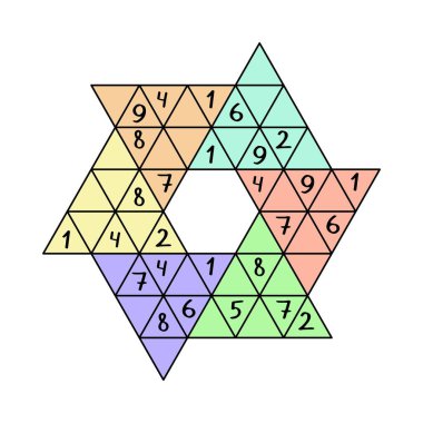 Üçgen hücre vektör illüstrasyonlu altıgen yıldız sudoku oyunu