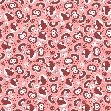 Tek renkli pembe elmalar, dikişsiz desen vektörü. Beyaz, pembe ve bordo renklerinden kompleks meyvesiz desen. Elma, meyve, dilim, yaprak ve tohumlarla doğal retro yüzey tasarımı