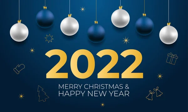 Mutlu Noeller ve mutlu yıllar vektör bayrağı. Gerçekçi altın ve mavi mücevherler, koyu mavi arka planda asılı kar taneleri ve gerçekçi çelenkler. Altın Noel simgesiyle arkaplan