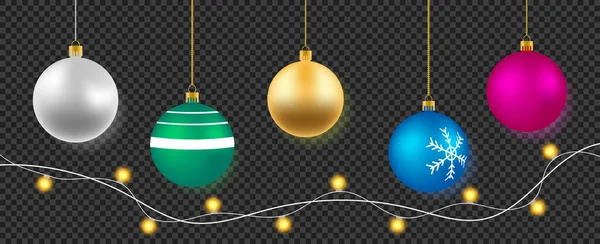 Set Van Vector Realistische Veelkleurige Kerstballen Lichten Lampen Geïsoleerd Transparante — Stockvector