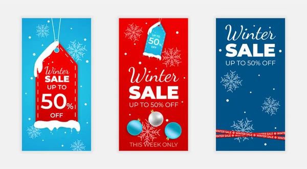 Winter Sale Vector Poster Banner Set Discount Text Snow Elements — Stock Vector