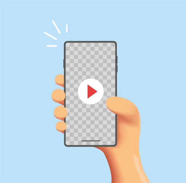 Cartoon Hand Smartphone Using Social Media Finger Push Play Button — Stockvektor