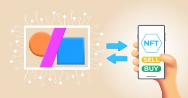 NFT Sanat Satışı konsepti. 3D eli ve ekranda iki düğmesi olan bir telefon. Şifreleme Sanatı Parasal Bileşimi.