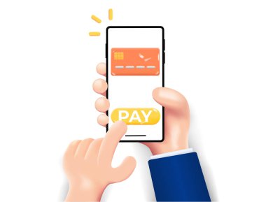 Akıllı telefondan online ödeme. Akıllı telefonlu 3D karikatür el..