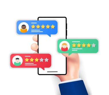 Geri bildirim müşterileri bir cep telefonu ekranında gözden geçiriyorlar. Ürünleri ve hizmetleri değerlendiren insanlar. Çevrimiçi inceleme kavramı